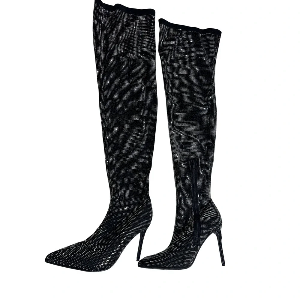 Unbranded Rhinestone Over The Knee Boots Womens 9 Black Stiletto Pointed Toe Zip